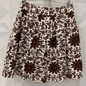 Talbots Womens Floral Pleated A Line Skirt Brown Linen Cotton Blend Pockets Sz 4